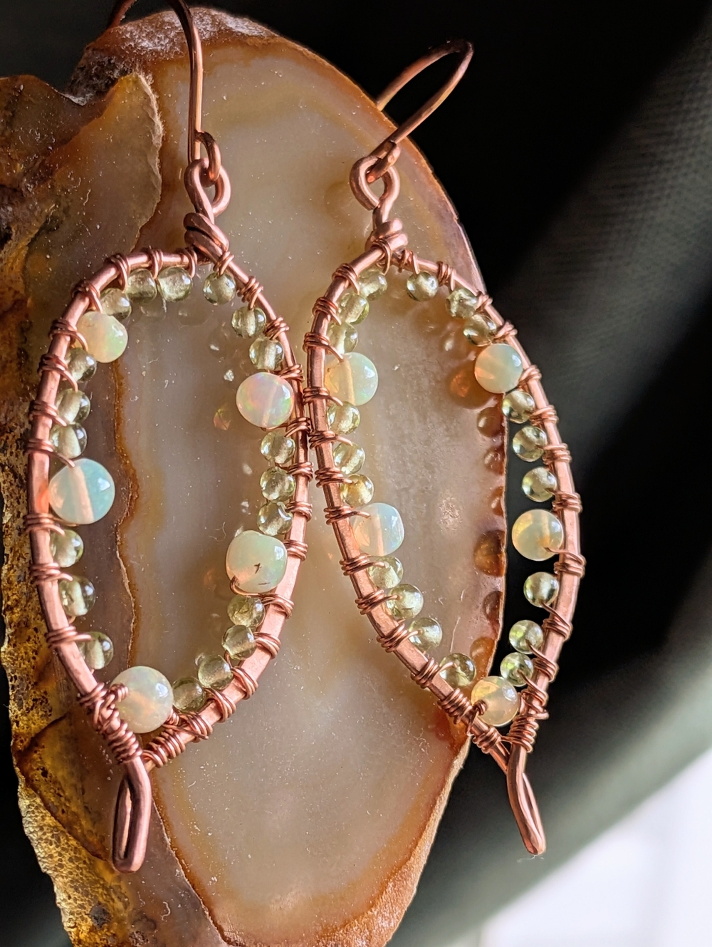 Copper Hoop Earrings-Leaf Shaped- Peridot And Welo Opal Gemstones-Lightweight